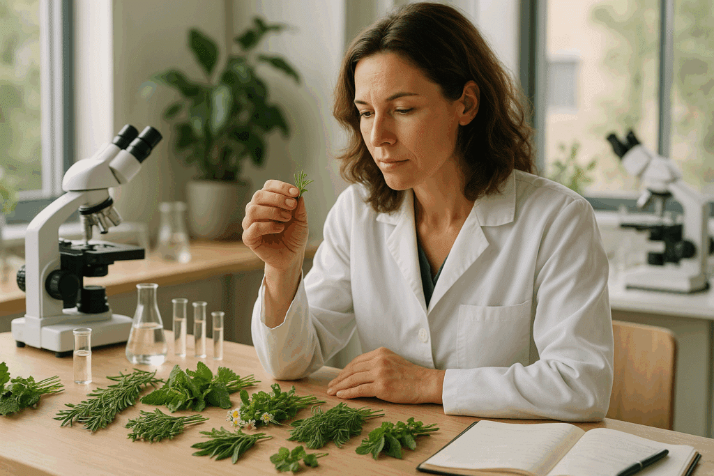 Szarvas Niki biomérnök, fitoterapeuta gyógynövényeket vizsgál modern laborban