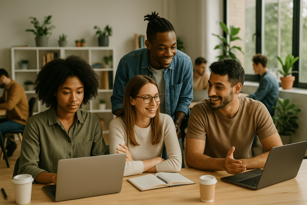 Fiatalok együtt dolgoznak rugalmas munkalehetőségek modern coworking irodában