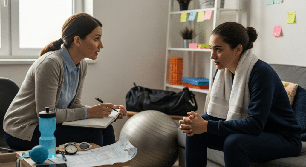 Sport pszichológus jegyzetel, figyelmes konzultáció úszó sportolóval