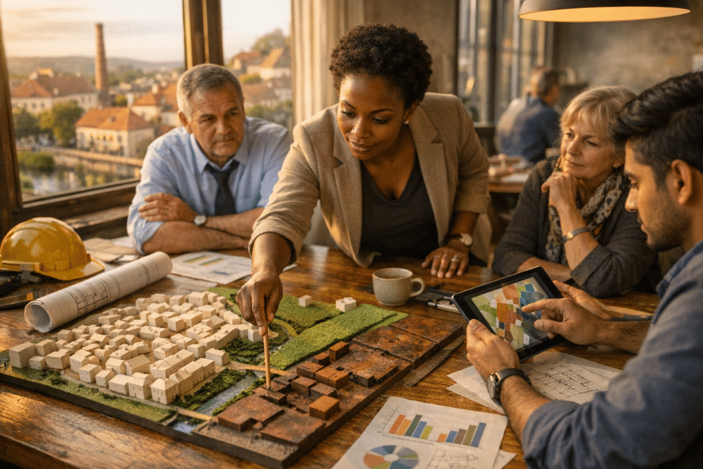 városfejlesztési program tervezési megbeszélés: tervező a maketten mutat