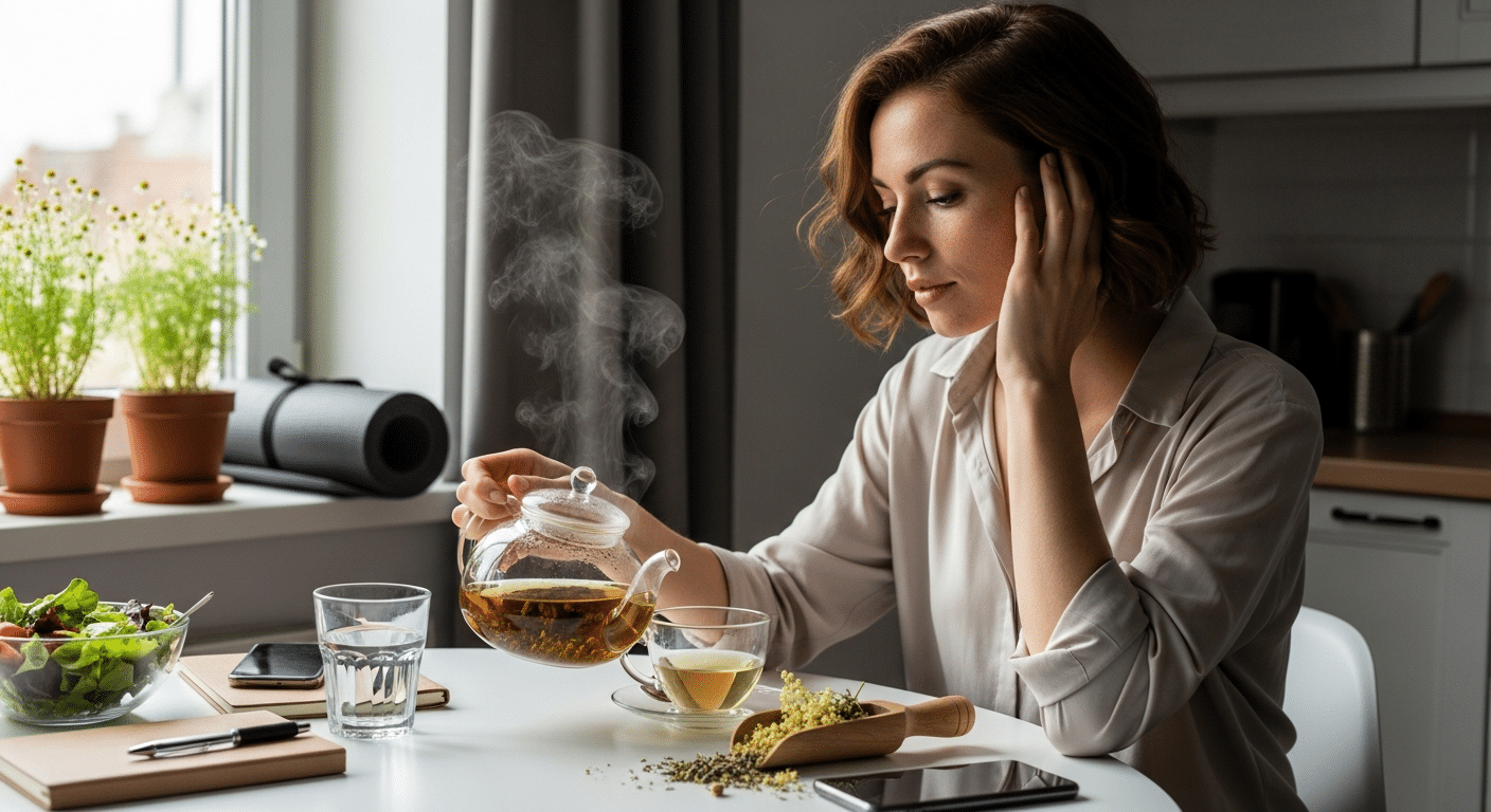 Nő készít gyógynövényes teát premenstruációs fáradtság enyhítésére