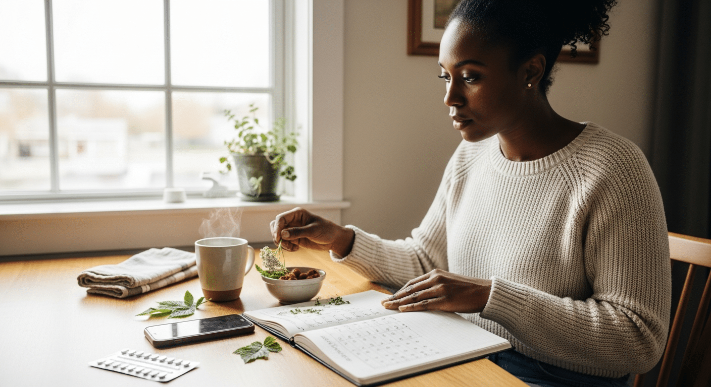 fogamzásgátlók hatása menstruációra: nő jegyzetel, tea és tabletta az asztalon