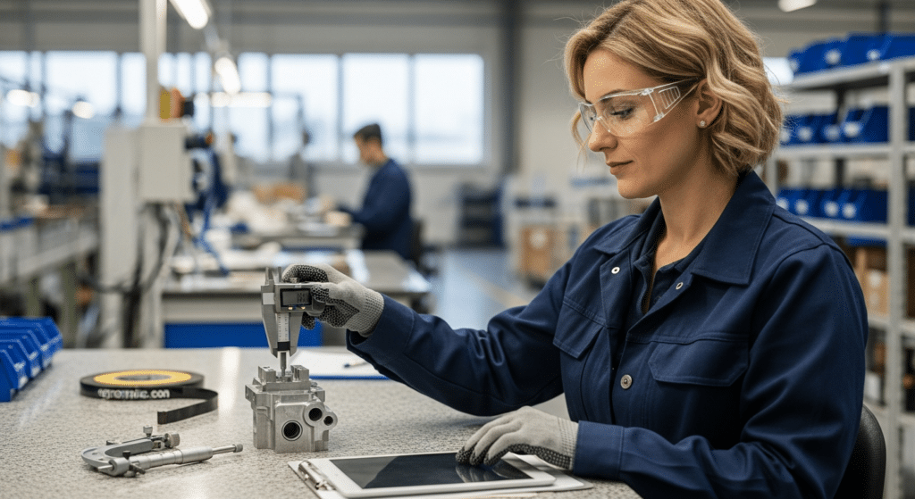 minőségellenőri álláslehetőség: női ellenőr digitális tolómérővel alumínium alkatrészt mér