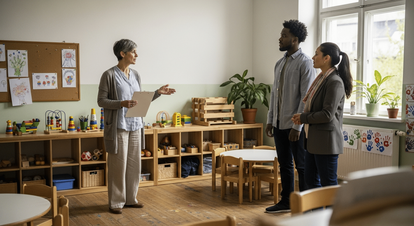 Óvodavezető bemutatja a napfényes termet a szülőknek — óvoda választás szempontok