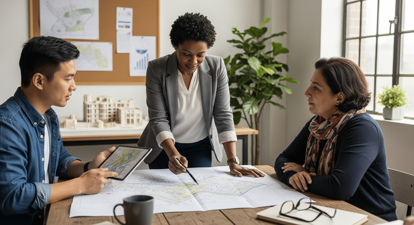 városfejlesztési publikáció megbeszélése közben dolgozó, sokszínű tervezőcsapat