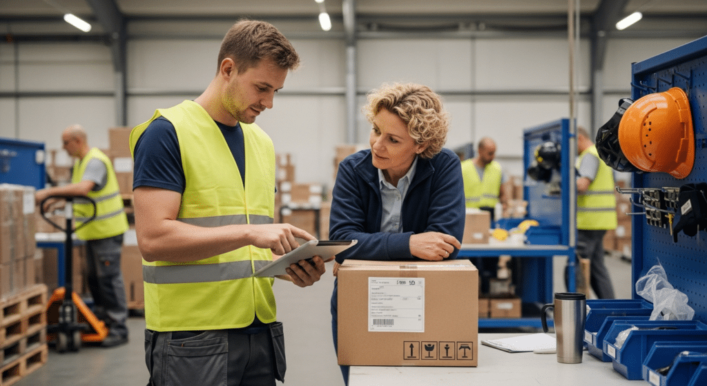 Raktáros mutat dobozra tablettel, felügyelő figyel — angol nyelvtudás és fizetés emelés