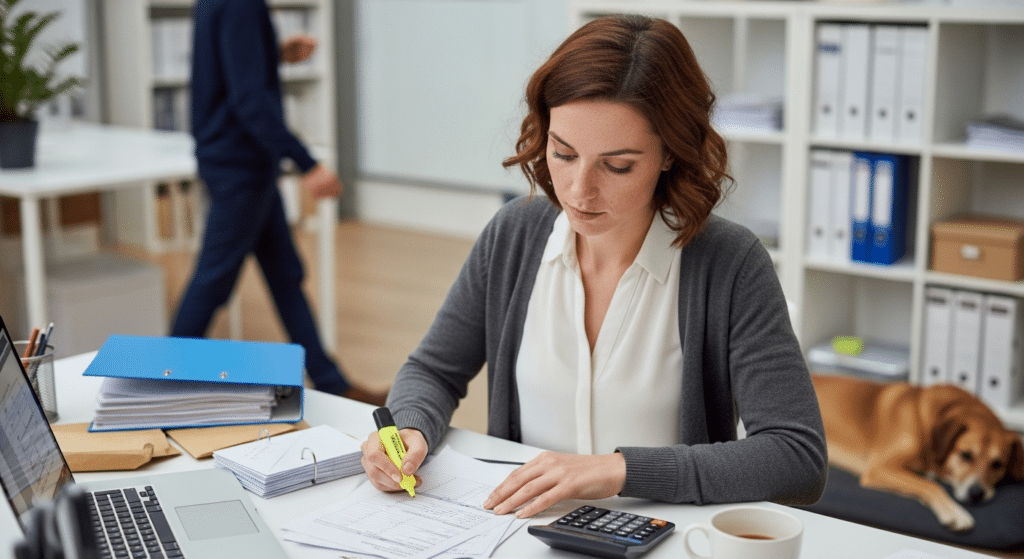 Bérszámfejtő nő letiltások kezelése közben papírokkal és számológéppel