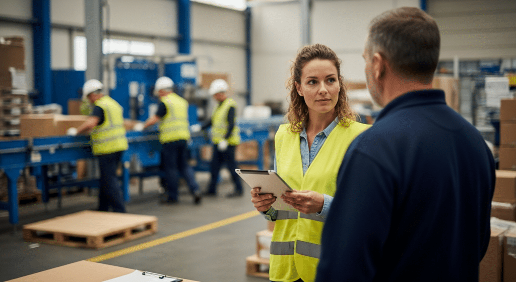 munkaerő kölcsönző képviselő egyeztet gyári művezetővel