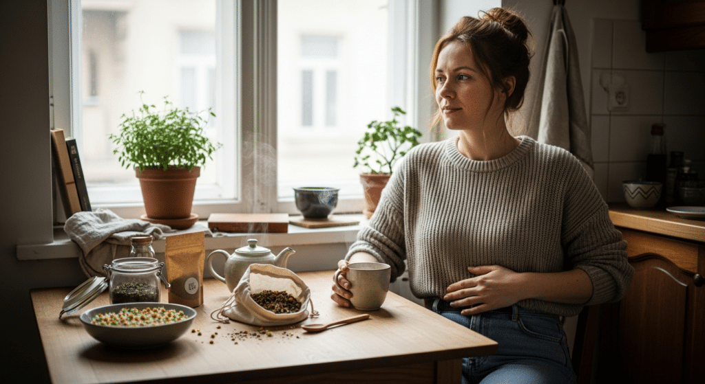 Nő teával, kéz a hasán, puffadás menstruáció előtt