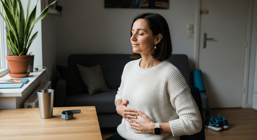 Középkorú nő légzőgyakorlat közben, stressz és egészségkalauz borítóval lefelé.