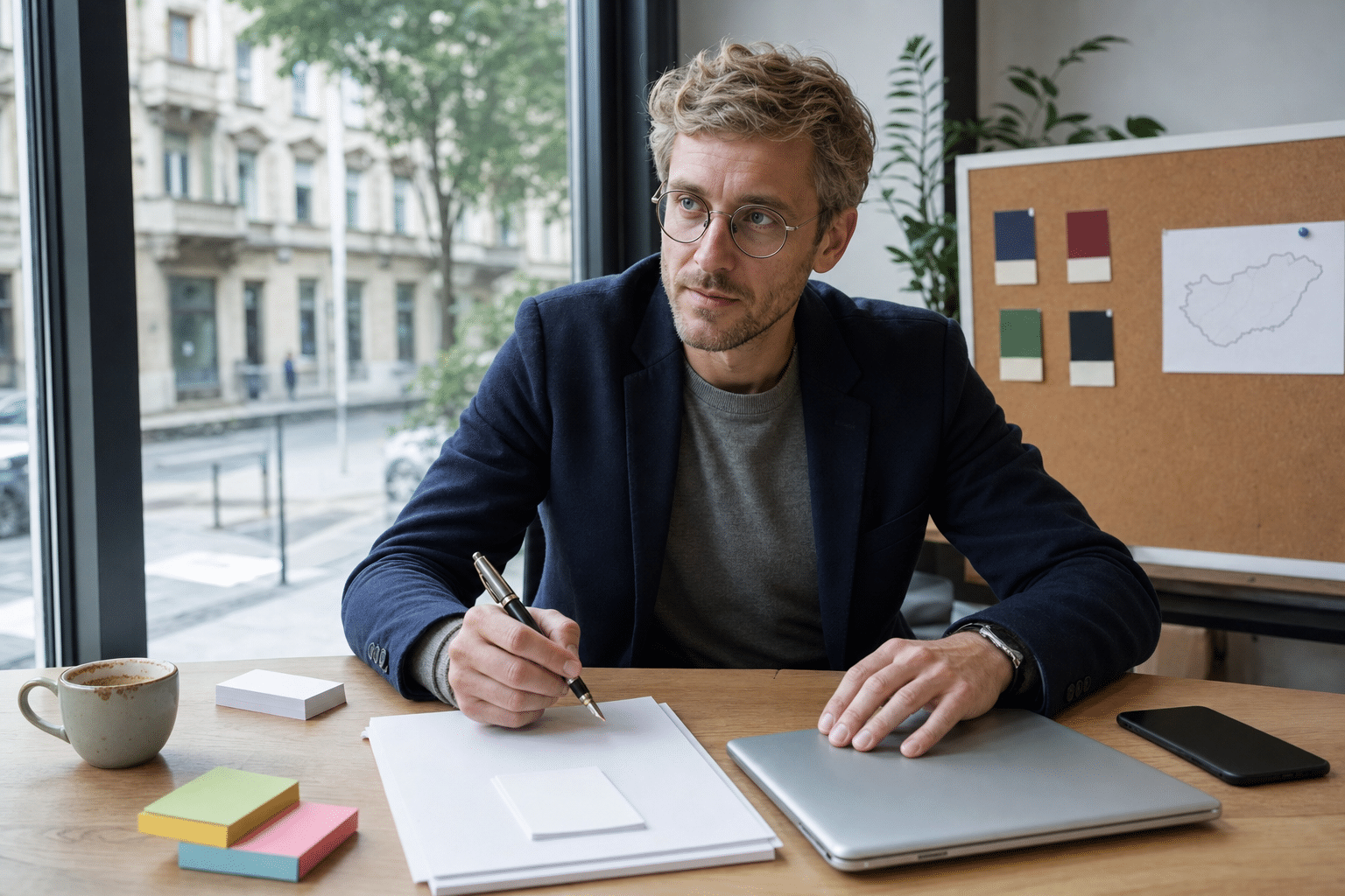 Vállalkozó dolgozik domain lista összeállításán modern budapesti coworkingben